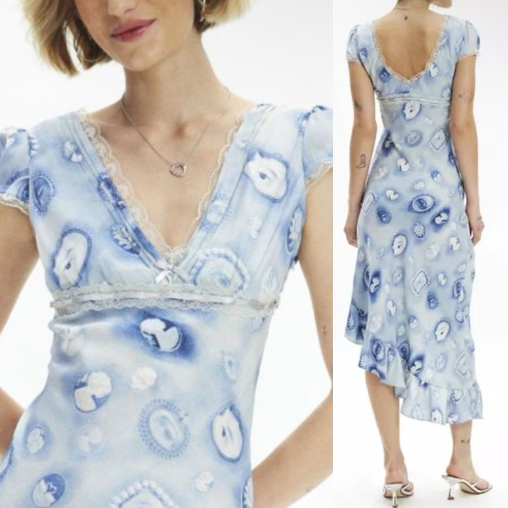 KIMCHI BLUE Cora Lace Trim Asymmetrical Midi Coquette Slipdress NWT Sz XS Fairy